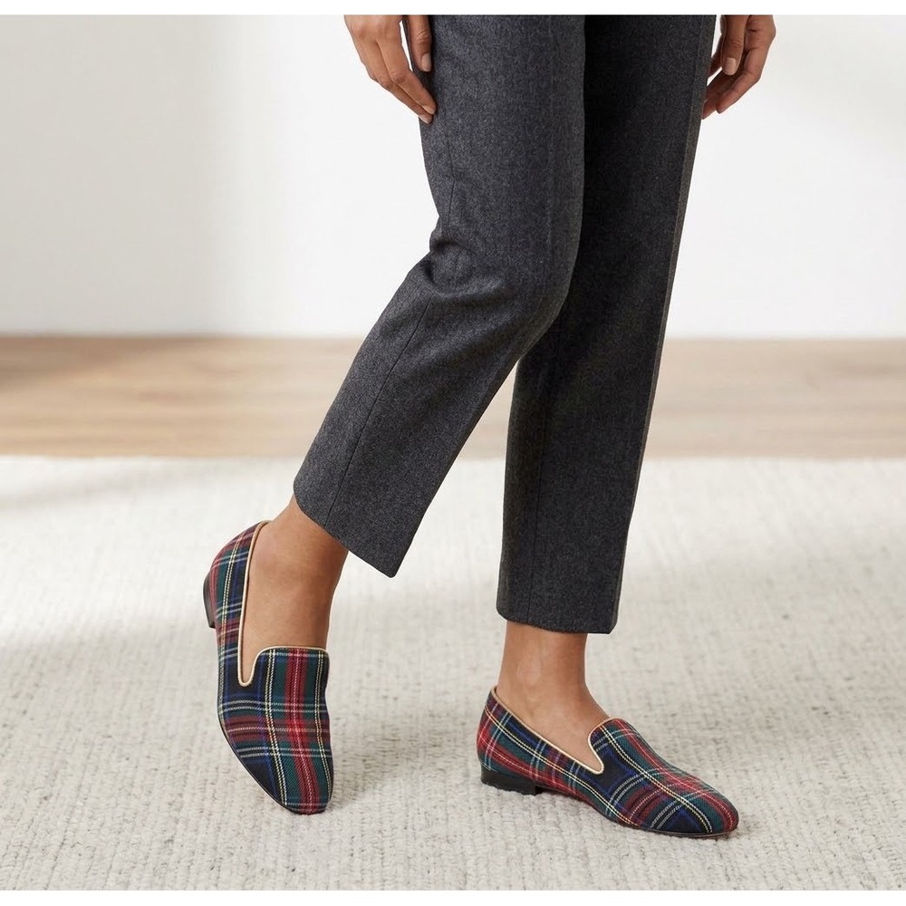 J Crew Tartan Plaid Smoking Loafer's Women's 6 Green Red‎ Gold Trim slippers
